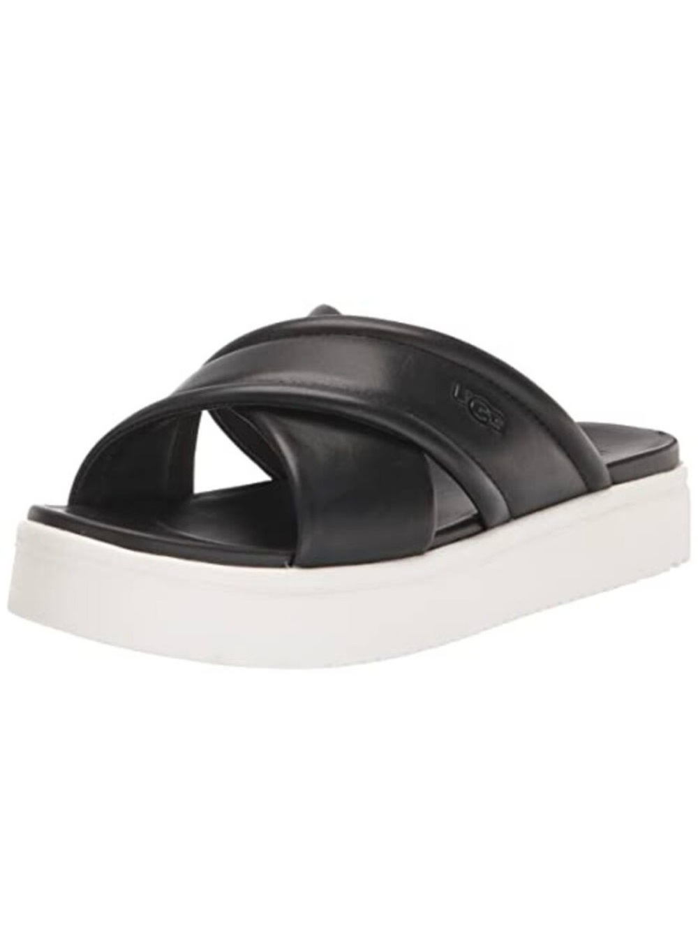 UGG Zayne Crossband Black Leather Platform Slide with White Sole